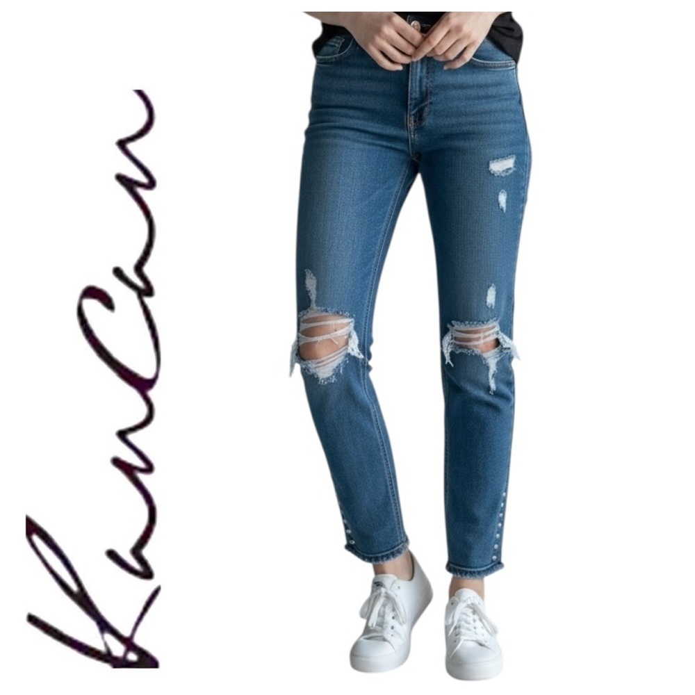 KanCan Ripped High Waist Skinny Jeans with Raw Hem and Button Details